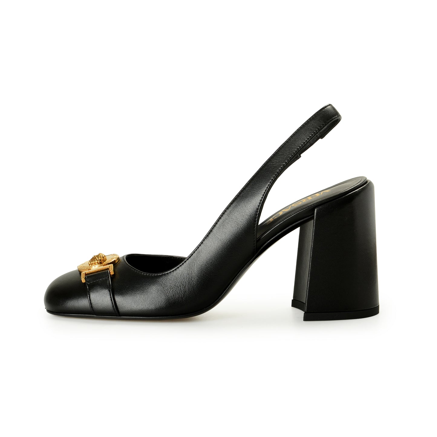 Versace Women's Black Leather Gold Medusa Slingback Pump Shoes US 9 IT 39