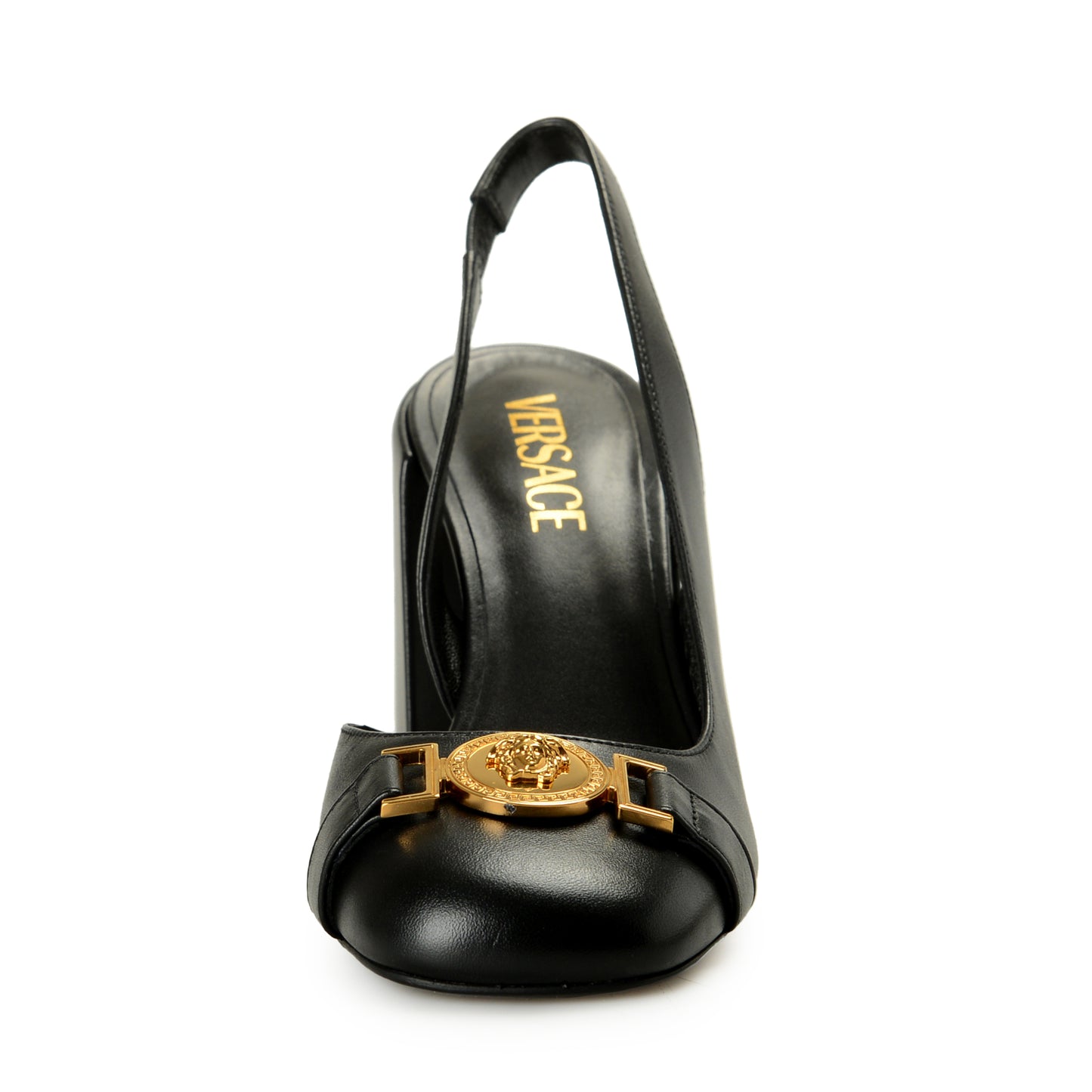 Versace Women's Black Leather Gold Medusa Slingback Pump Shoes US 9 IT 39