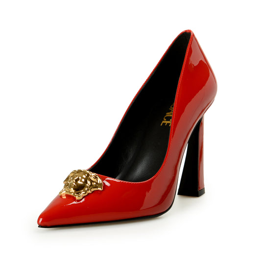 Versace Women's Gold Medusa Red Patent Leather High Heel Pump Shoes US 8 IT 38