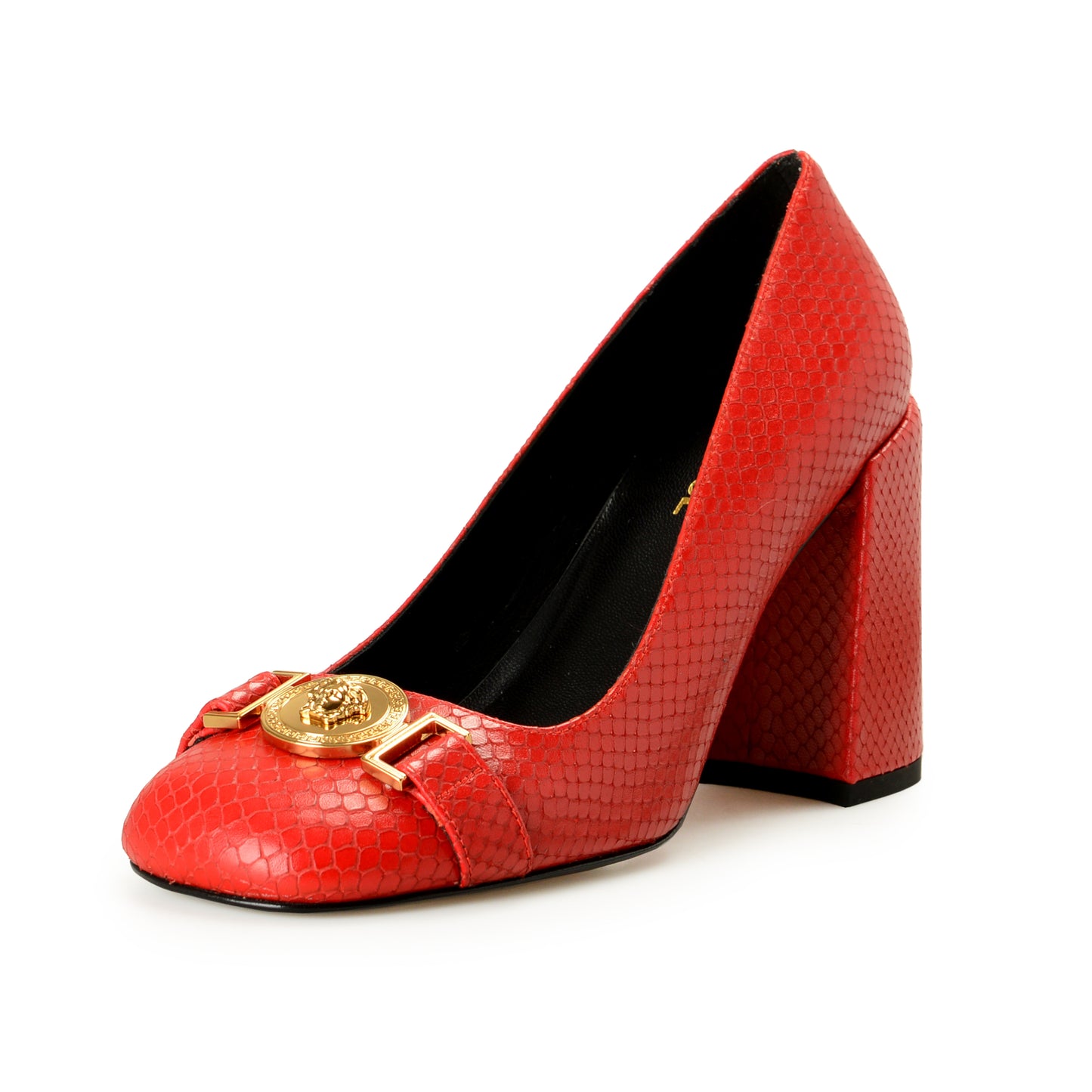 Versace Women's Gold Medusa Red Leather High Heel Pump Shoes US 7 IT 37
