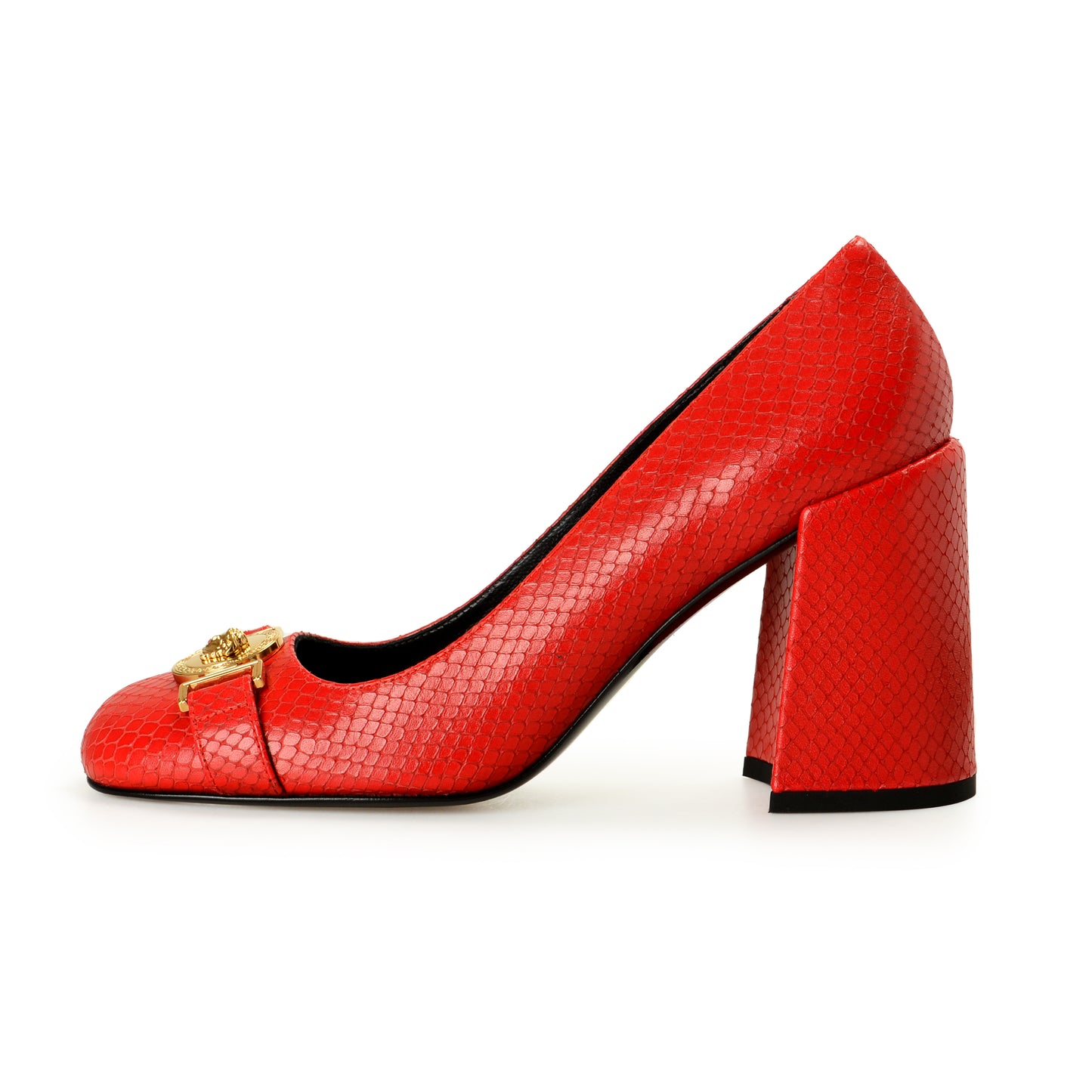 Versace Women's Gold Medusa Red Leather High Heel Pump Shoes US 7 IT 37
