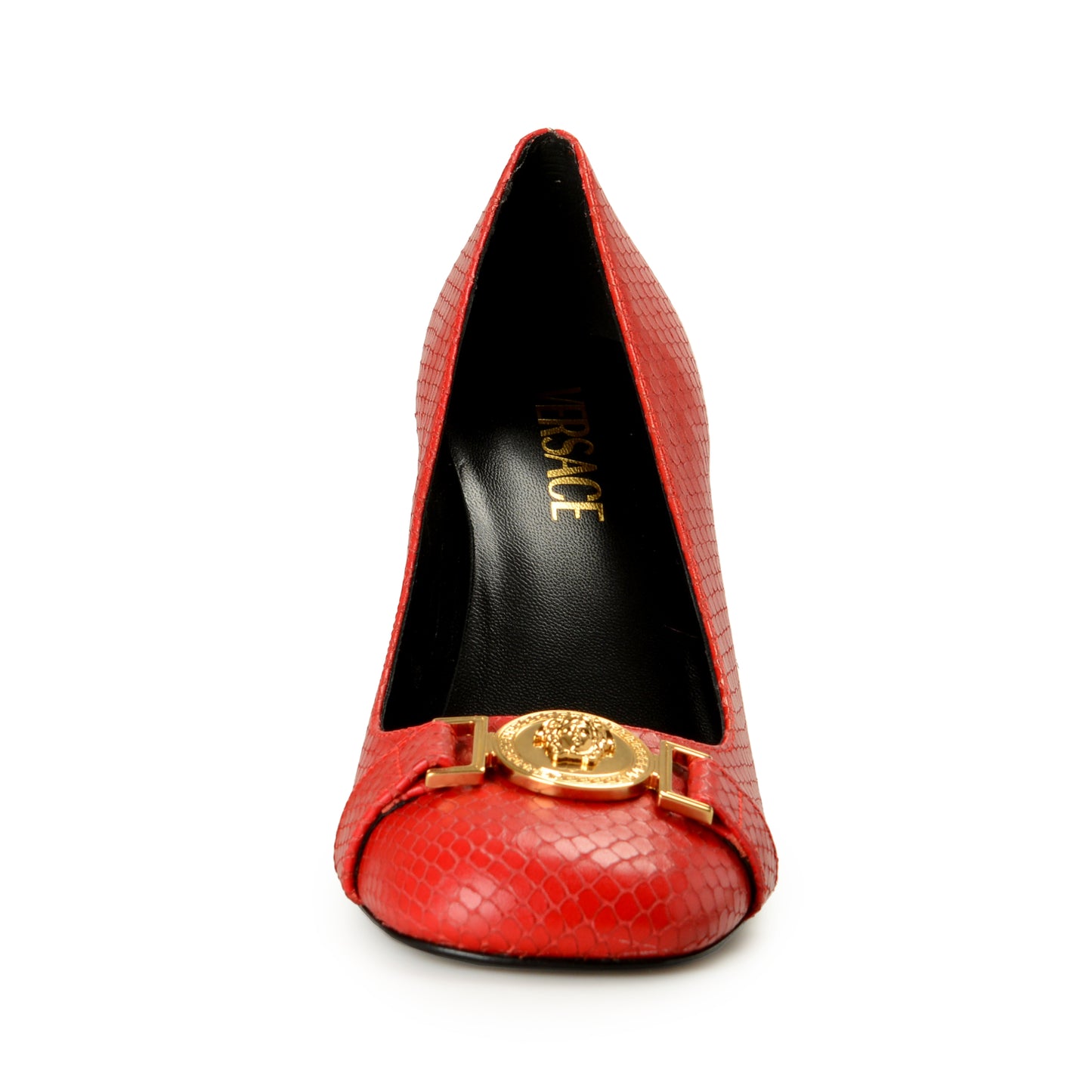 Versace Women's Gold Medusa Red Leather High Heel Pump Shoes US 7 IT 37