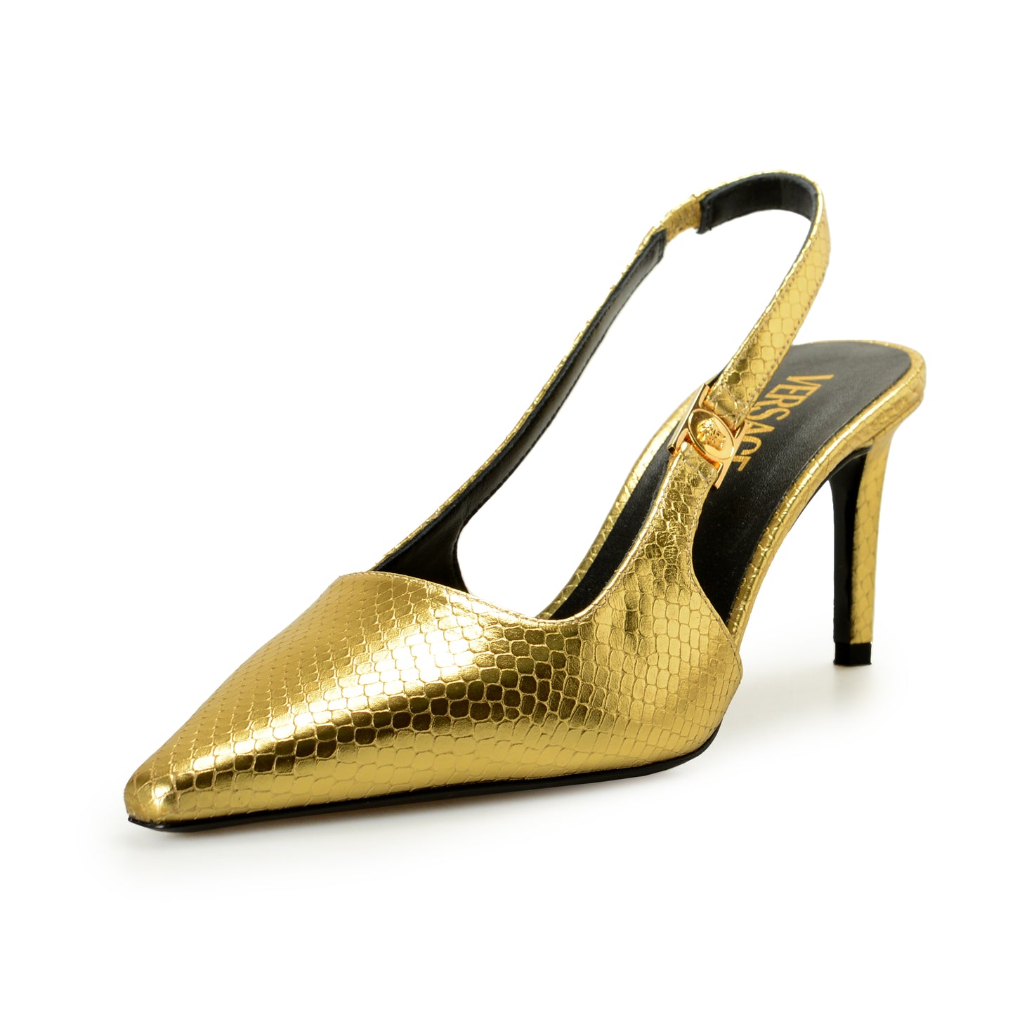 Versace Women's Gold Snake Print Leather Heeled Slingback Pumps Shoes US 8 IT 38