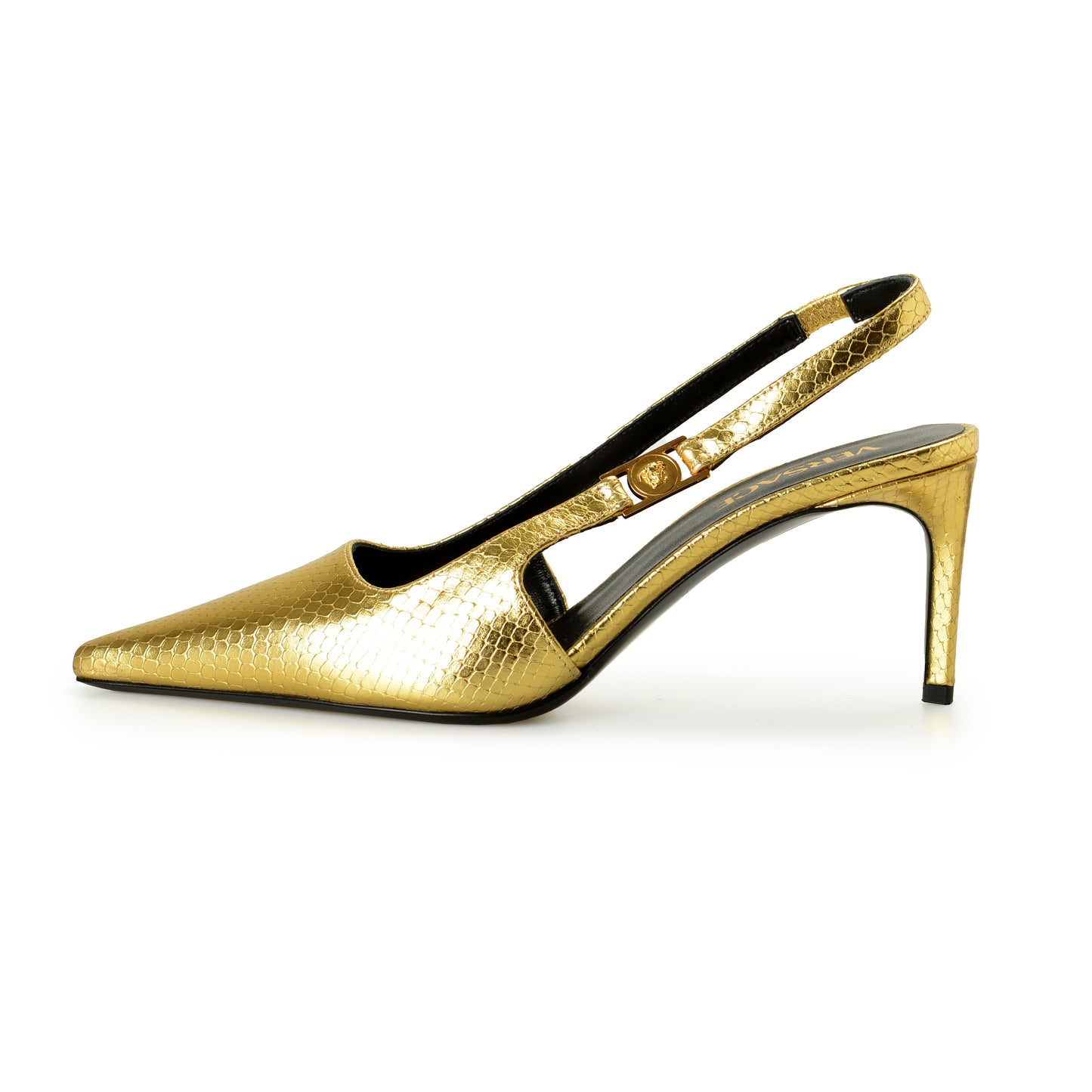 Versace Women's Gold Snake Print Leather Heeled Slingback Pumps Shoes US 8 IT 38