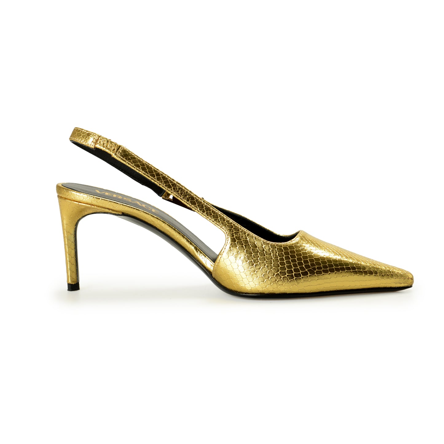 Versace Women's Gold Snake Print Leather Heeled Slingback Pumps Shoes US 8 IT 38