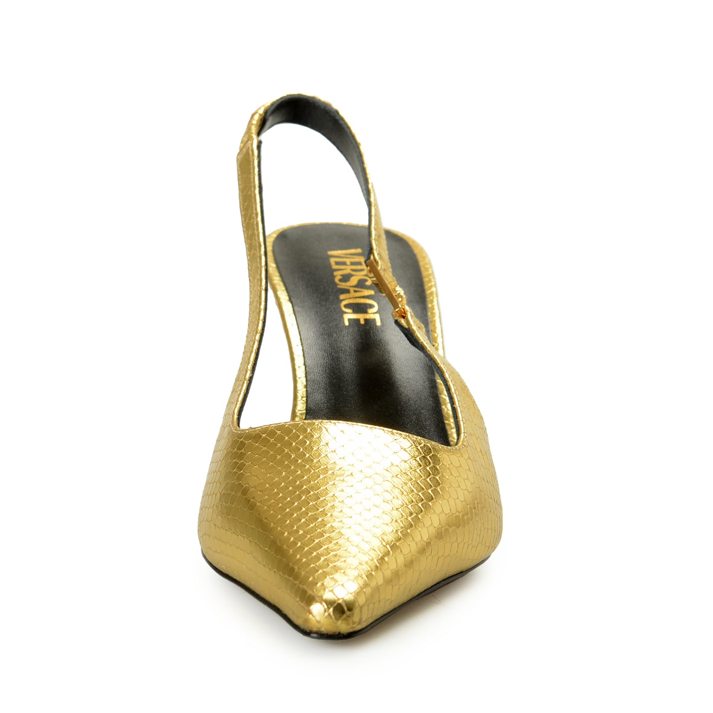 Versace Women's Gold Snake Print Leather Heeled Slingback Pumps Shoes US 8 IT 38