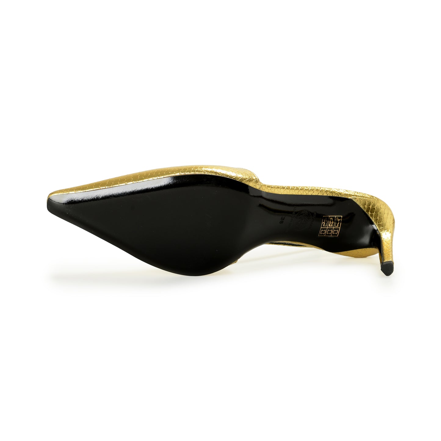 Versace Women's Gold Snake Print Leather Heeled Slingback Pumps Shoes US 8 IT 38