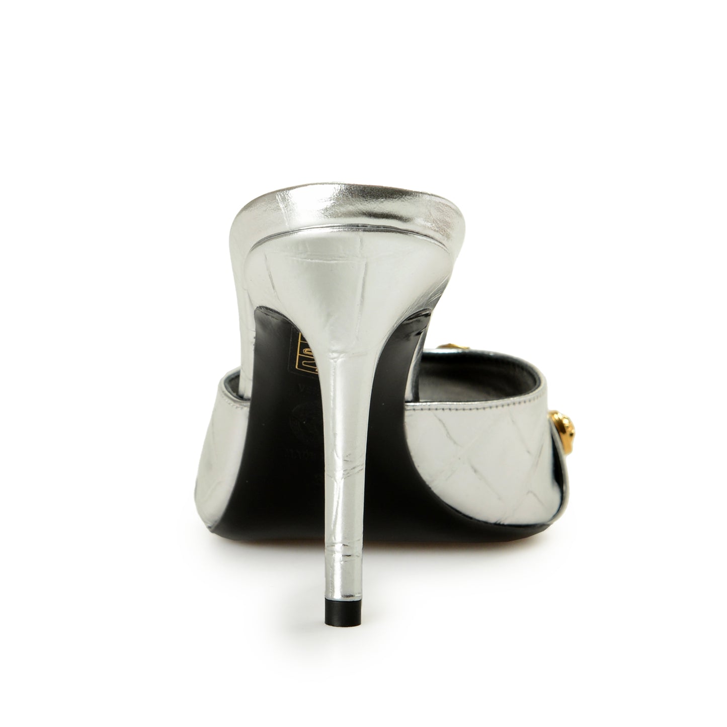 Versace Women's Silver 100% Leather Gold Medusa Mules Sandals Shoes US 7 IT 37