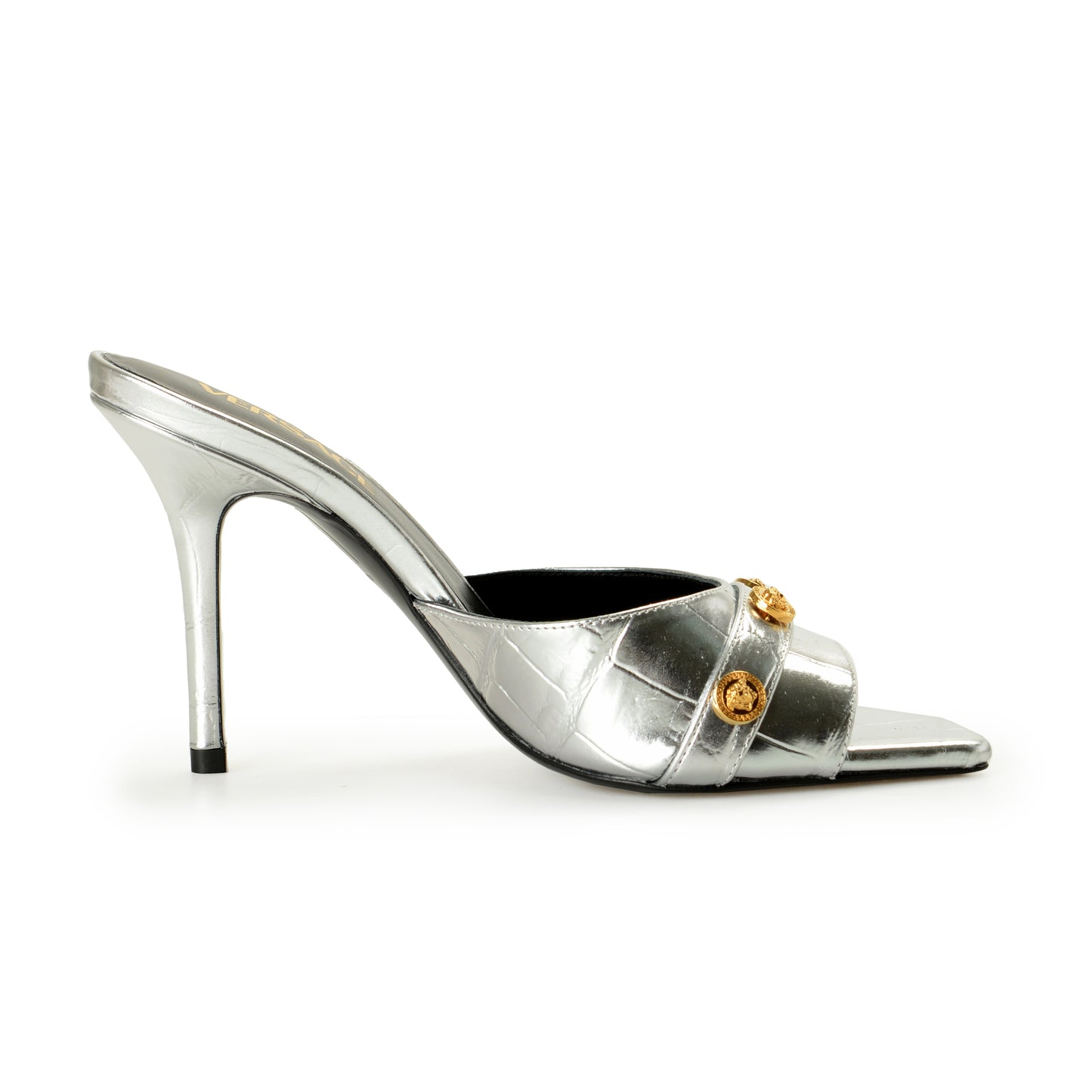 Versace Women's Silver 100% Leather Gold Medusa Mules Sandals Shoes US 7 IT 37