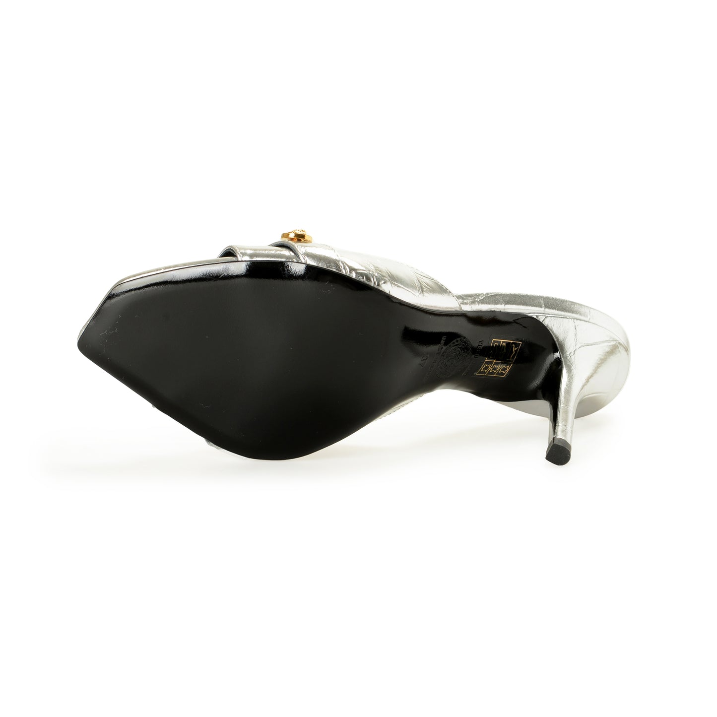 Versace Women's Silver 100% Leather Gold Medusa Mules Sandals Shoes US 7 IT 37