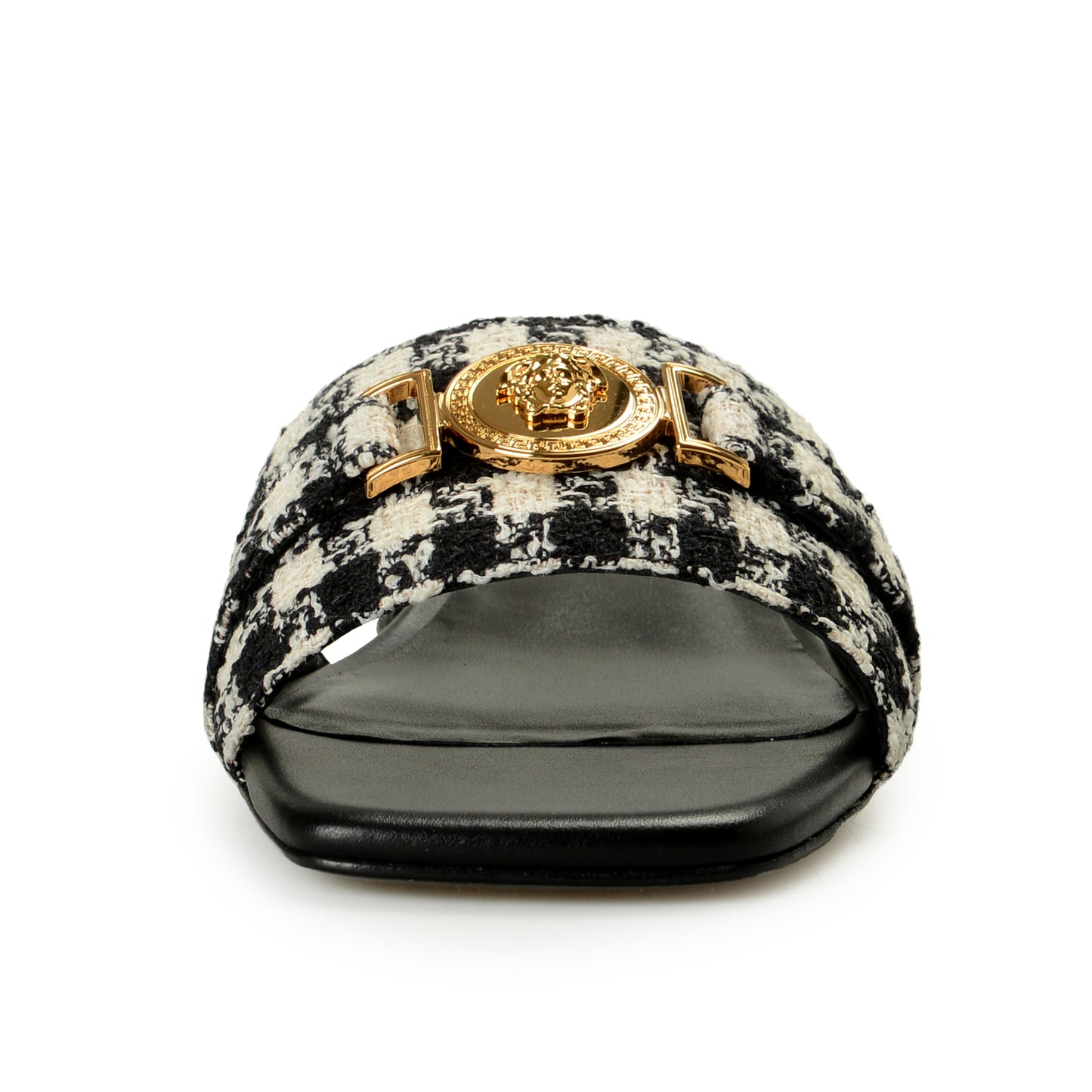 Versace Women's Check Gold Medusa Heeled Sandals Mules Shoes US 8 IT 38