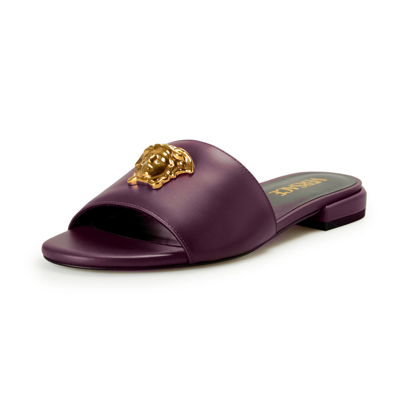 Versace Women's Plum Purple Gold Medusa Heeled Sandals Mules Shoes US 5 IT 35