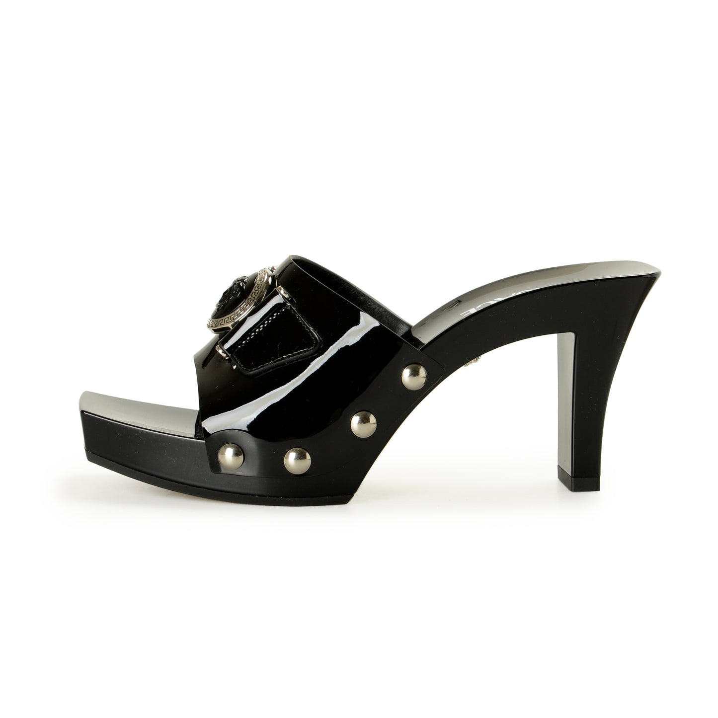 Versace Women's Black Patent Leather Clog Mules Sandals Shoes US 6 IT 36
