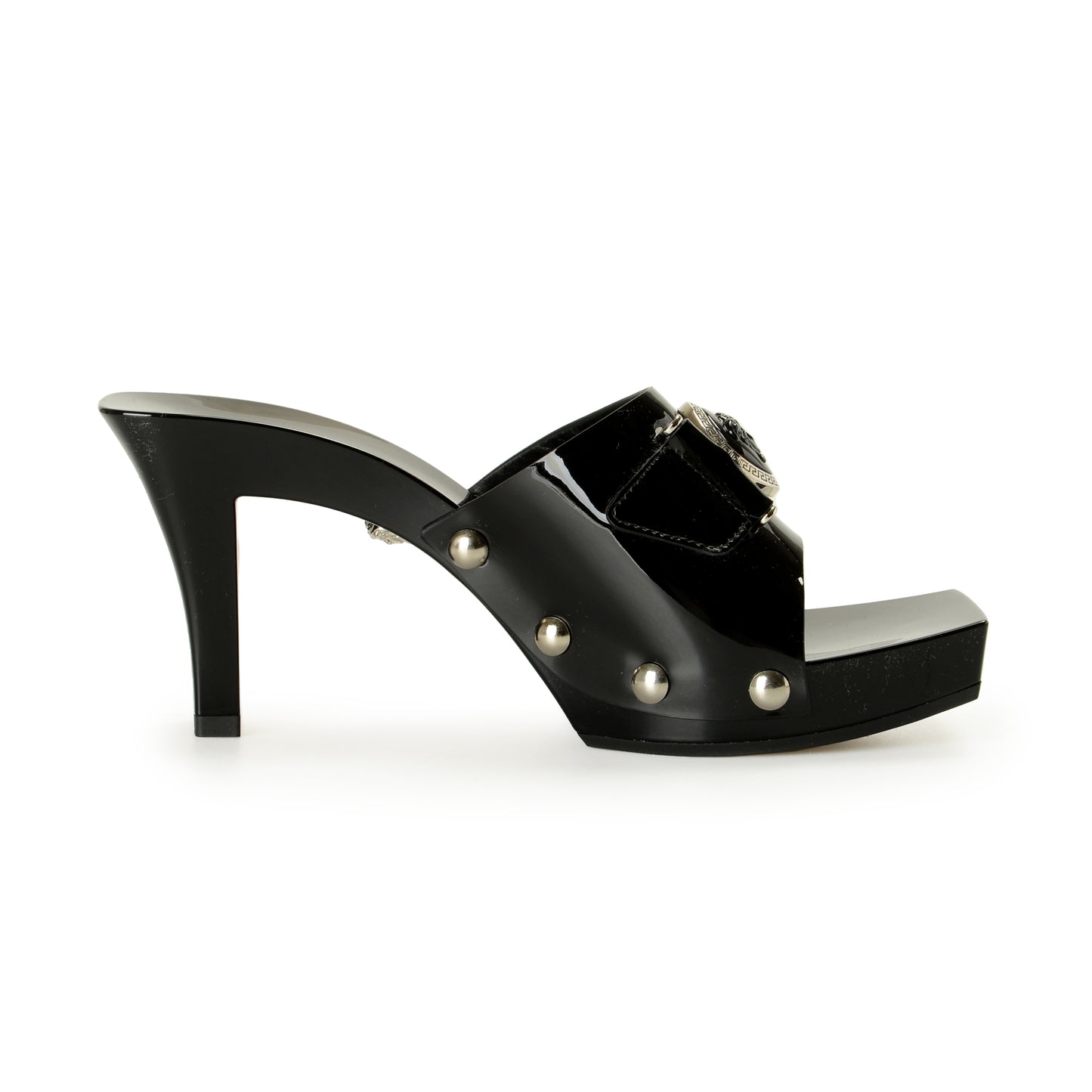 Versace Women's Black Patent Leather Clog Mules Sandals Shoes US 6 IT 36