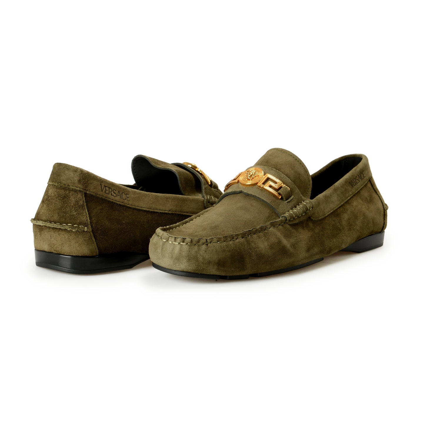 Versace Men's 100% Suede Leather Gold Medusa Driver Loafers Shoes US 10 IT 43