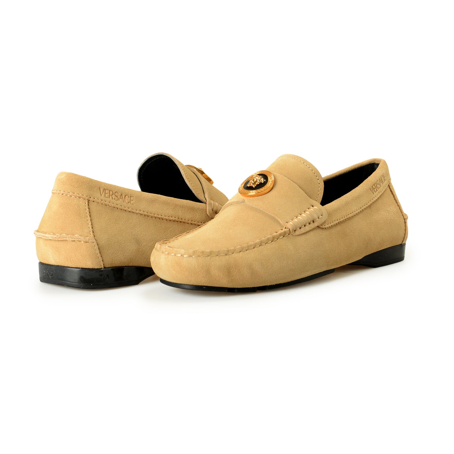 Versace Men's 100% Suede Leather Gold Medusa Driver Loafers Shoes US 7 IT 40