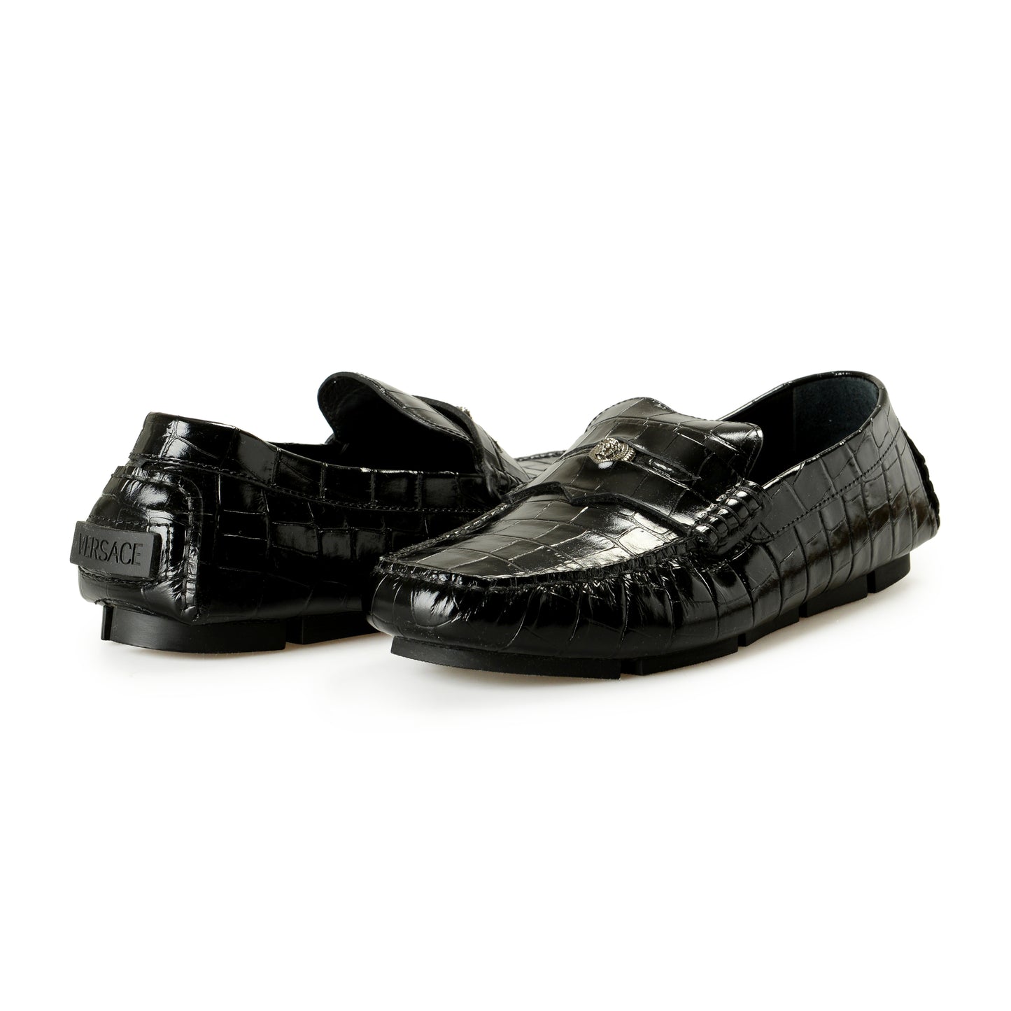 Versace Men's Croc Print Leather Black Driver Loafers Shoes US 11 IT 44
