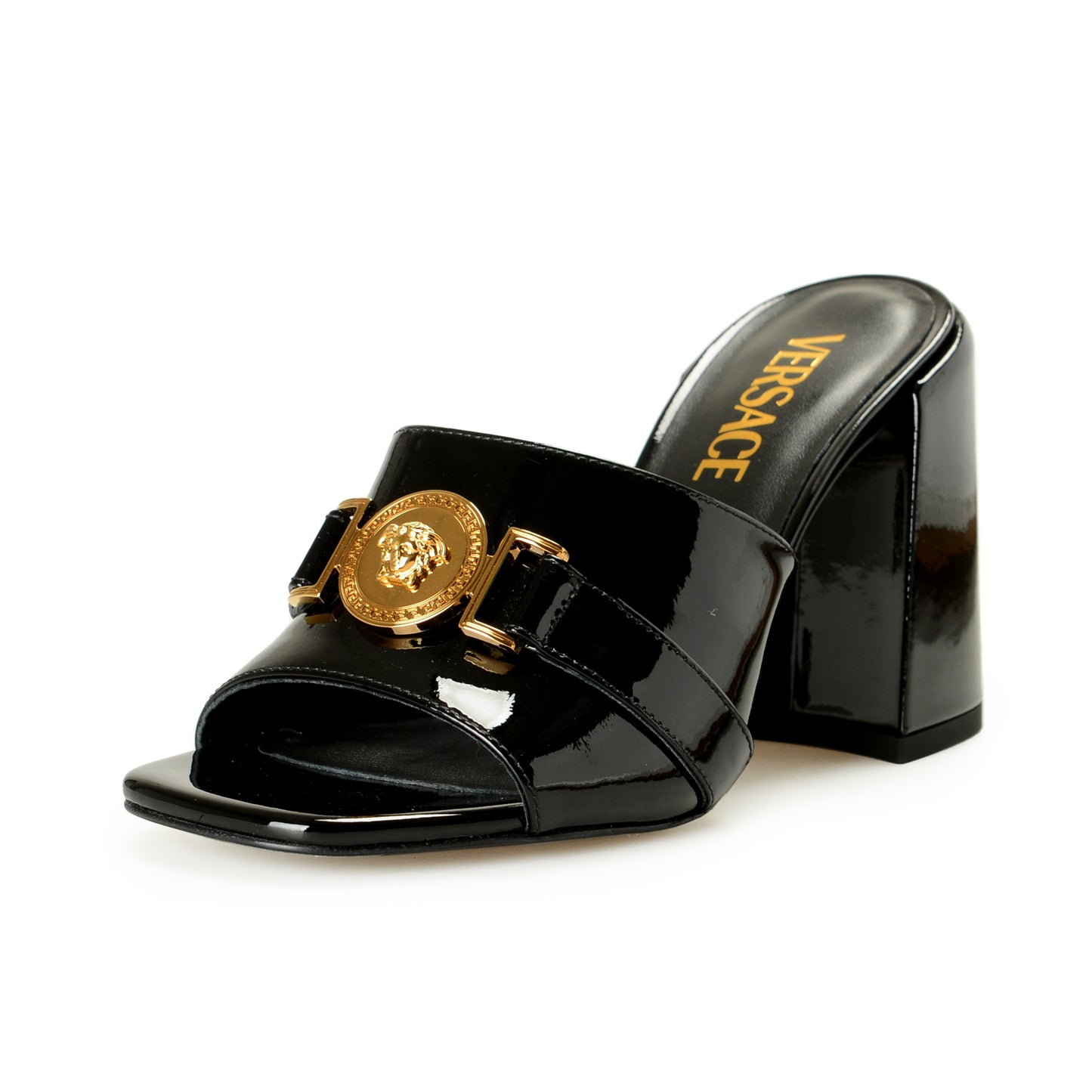 Versace Women's Black Patent Leather Gold Medusa Mules Sandals Shoes US 10 IT 40