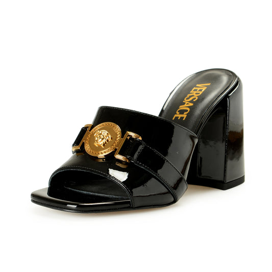 Versace Women's Black Patent Leather Gold Medusa Mules Sandals Shoes US 7 IT 37