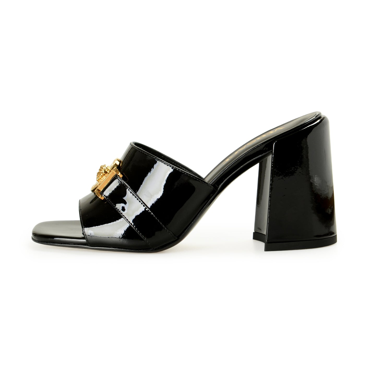 Versace Women's Black Patent Leather Gold Medusa Mules Sandals Shoes US 10 IT 40