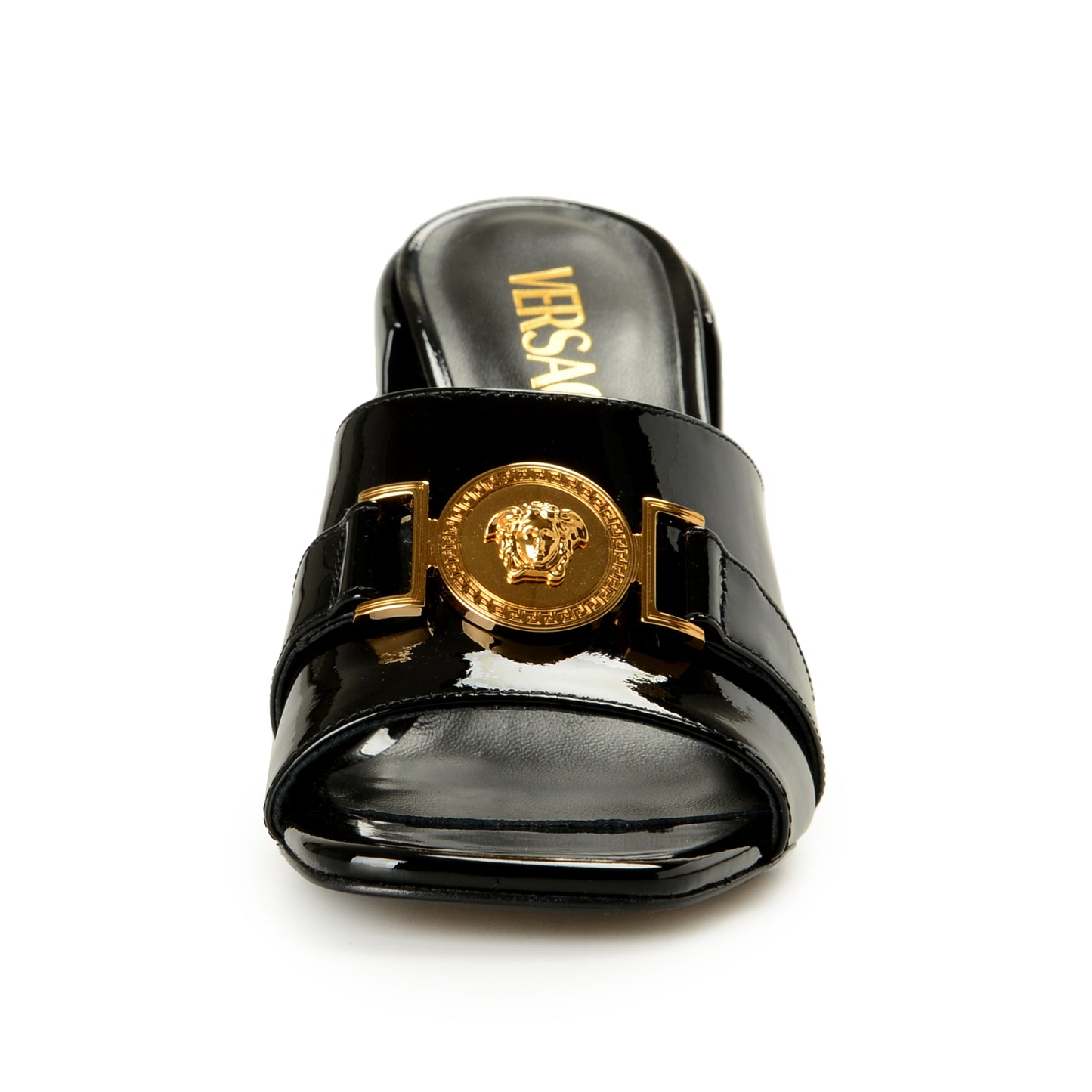 Versace Women's Black Patent Leather Gold Medusa Mules Sandals Shoes US 10 IT 40