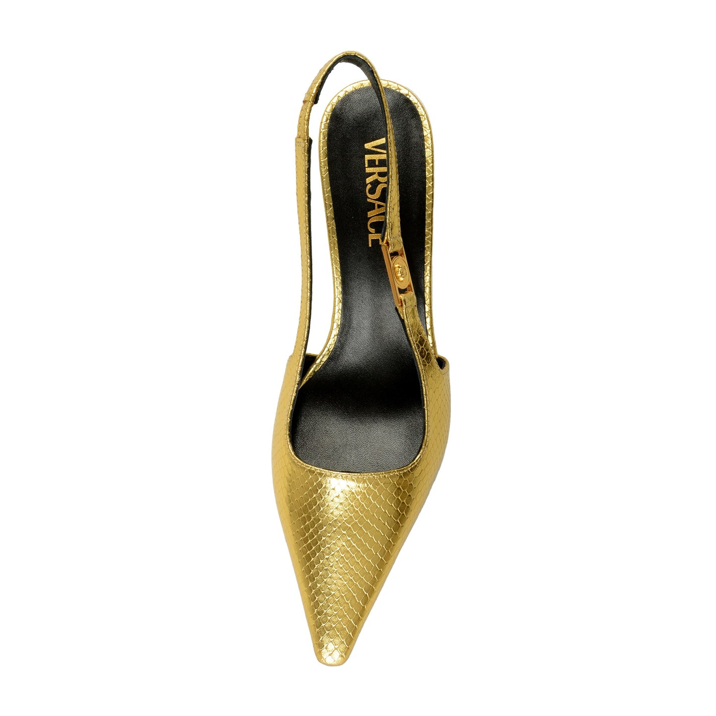 Versace Women's Gold Snake Print Leather Heeled Slingback Pumps Shoes US 7 IT 37