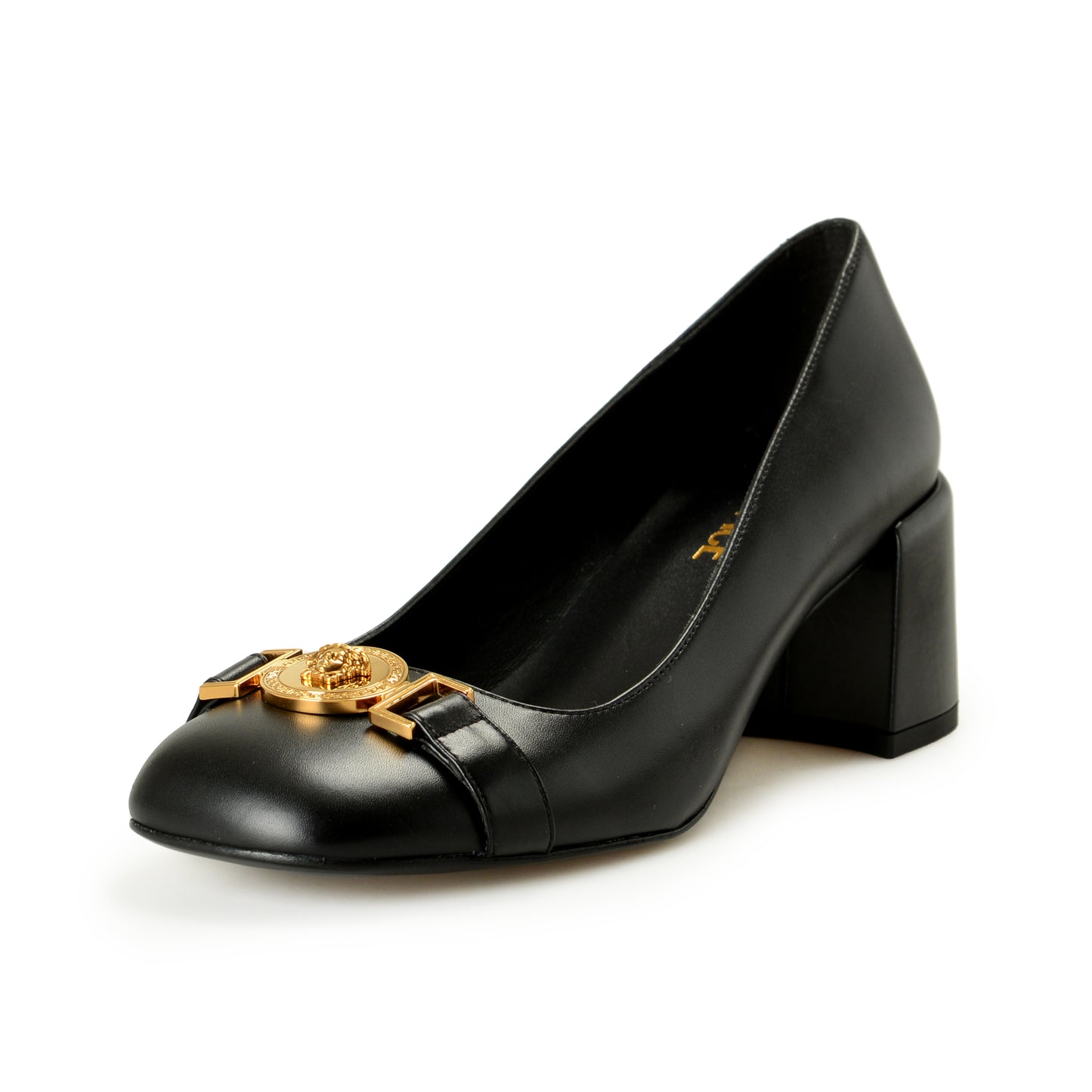 Versace Women's Gold Medusa Black Leather Heeled Pump Shoes US 6 IT 36