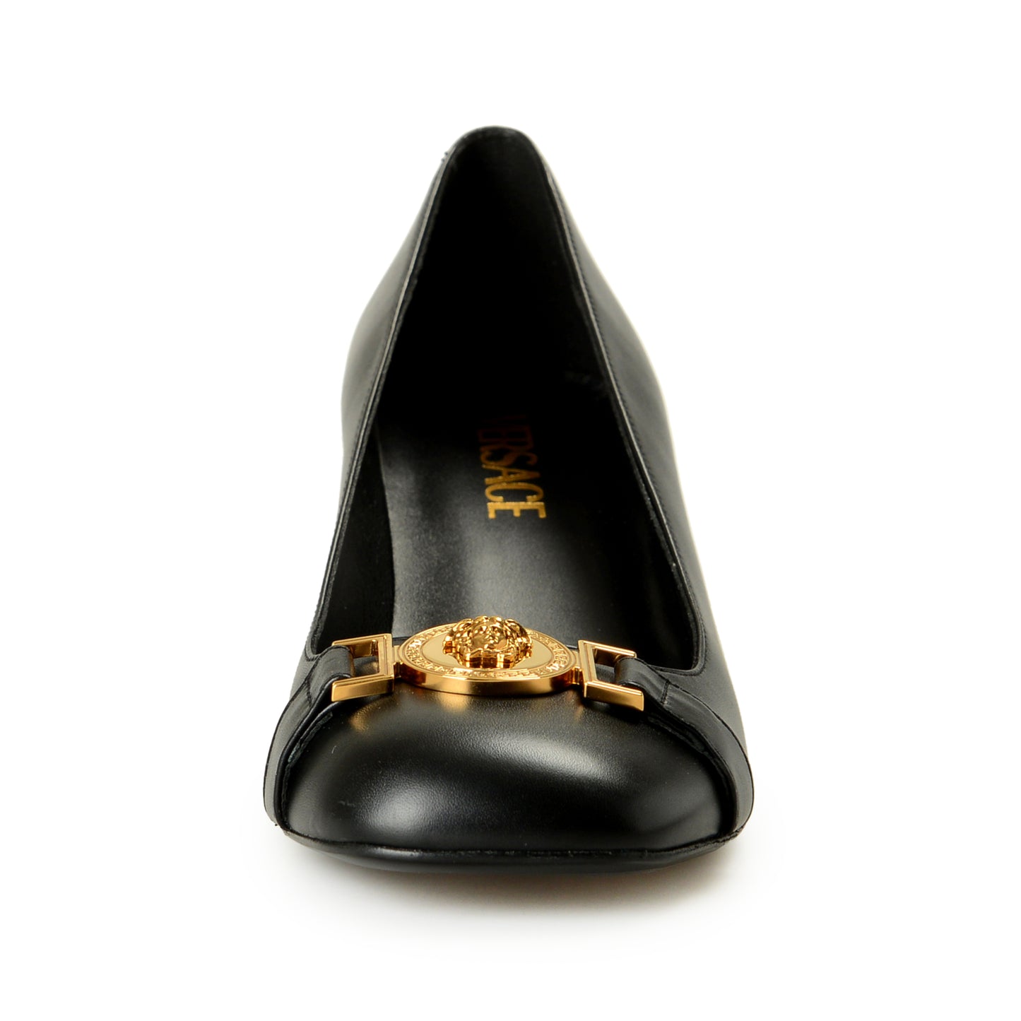 Versace Women's Gold Medusa Black Leather Heeled Pump Shoes US 6 IT 36