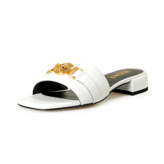 Versace Women's White Leather Gold Color Medusa Sandals Mules Shoes US 5 IT 35