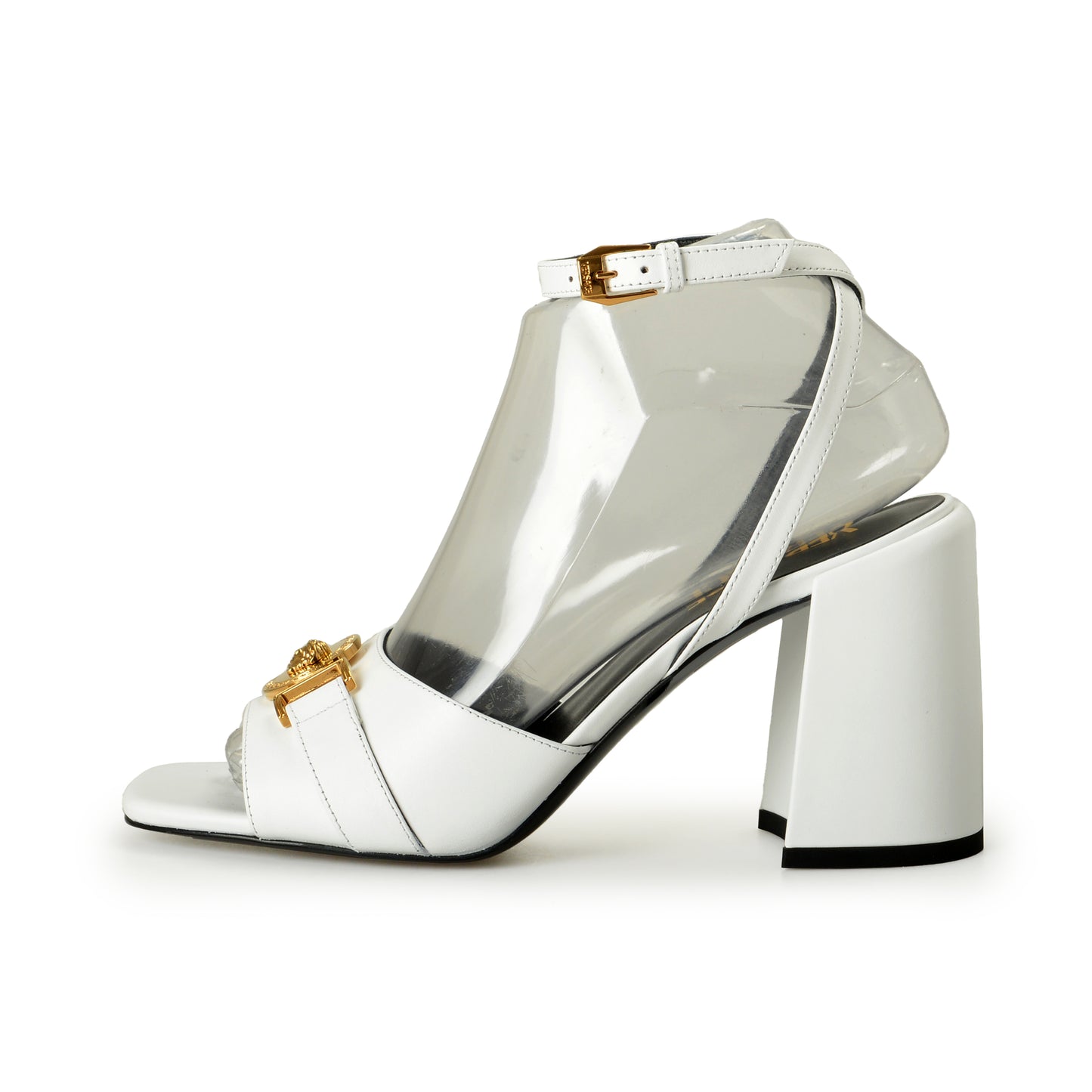 Versace Women's White Leather Gold Color Medusa Heeled Sandals Shoes US 7 IT 37