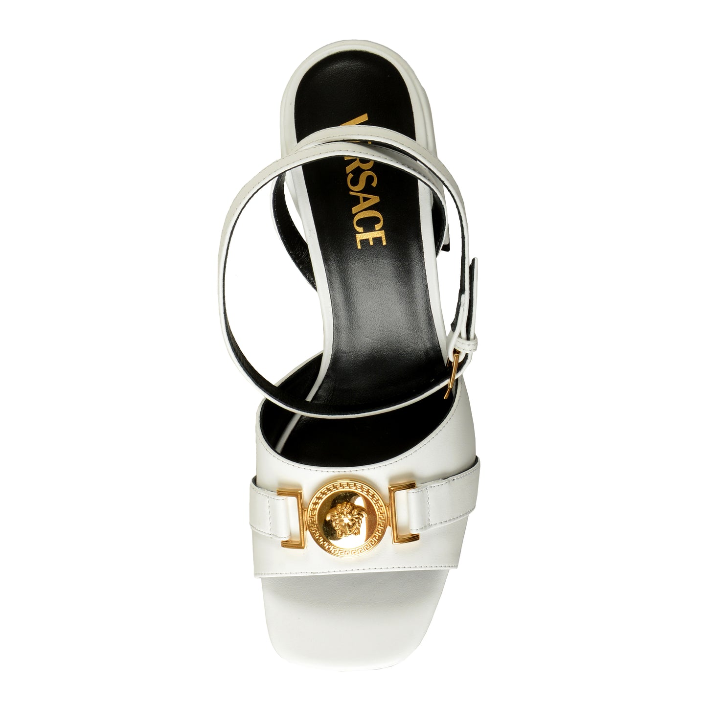 Versace Women's White Leather Gold Color Medusa Heeled Sandals Shoes US 7 IT 37
