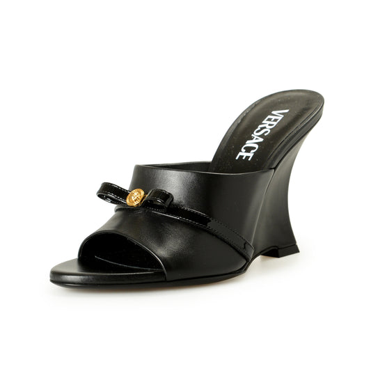 Versace Women's Black Leather Gold Medusa Heeled Sandals Mules Shoes US 6 IT 36