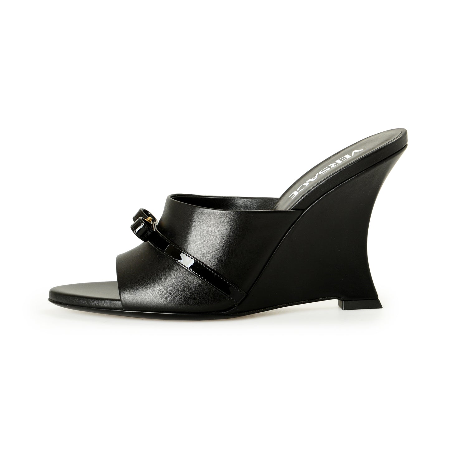 Versace Women's Black Leather Gold Medusa Heeled Sandals Mules Shoes US 6 IT 36