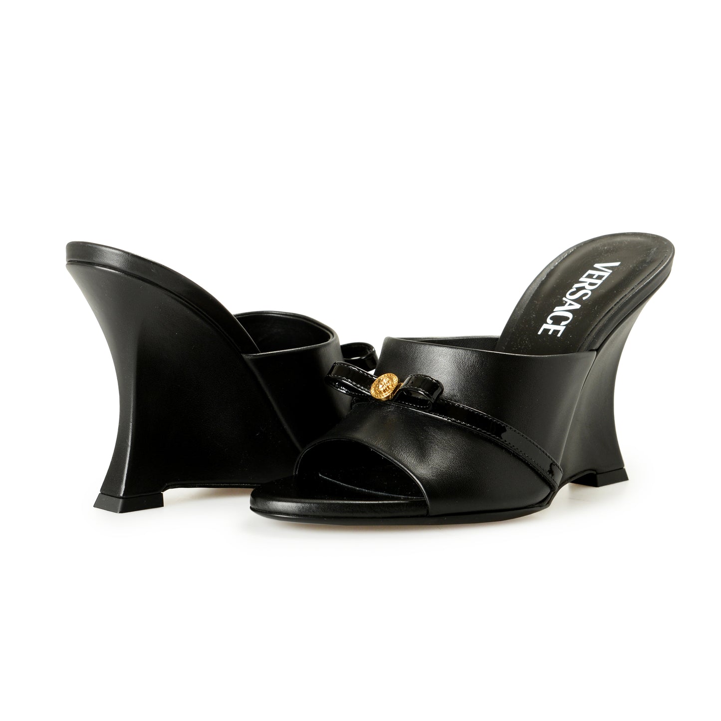 Versace Women's Black Leather Gold Medusa Heeled Sandals Mules Shoes US 6 IT 36