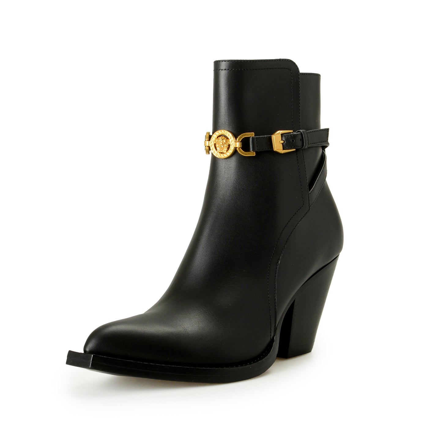 Versace Women's Black Leather Gold Medusa Heeled Booties Shoes US 10 IT 40