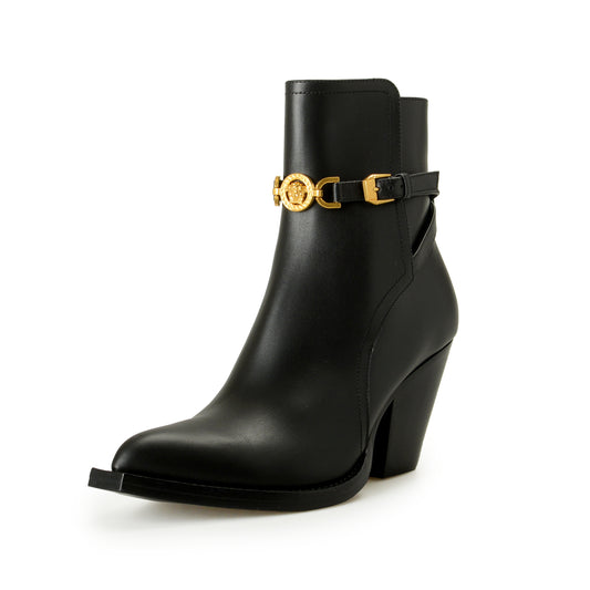 Versace Women's Black Leather Gold Medusa Heeled Booties Shoes US 10 IT 40