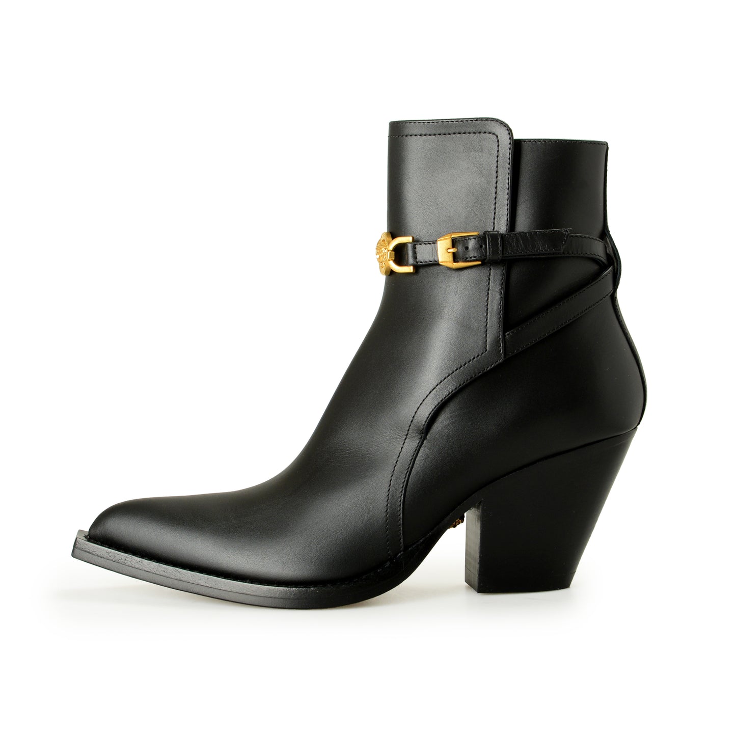Versace Women's Black Leather Gold Medusa Heeled Booties Shoes US 10 IT 40