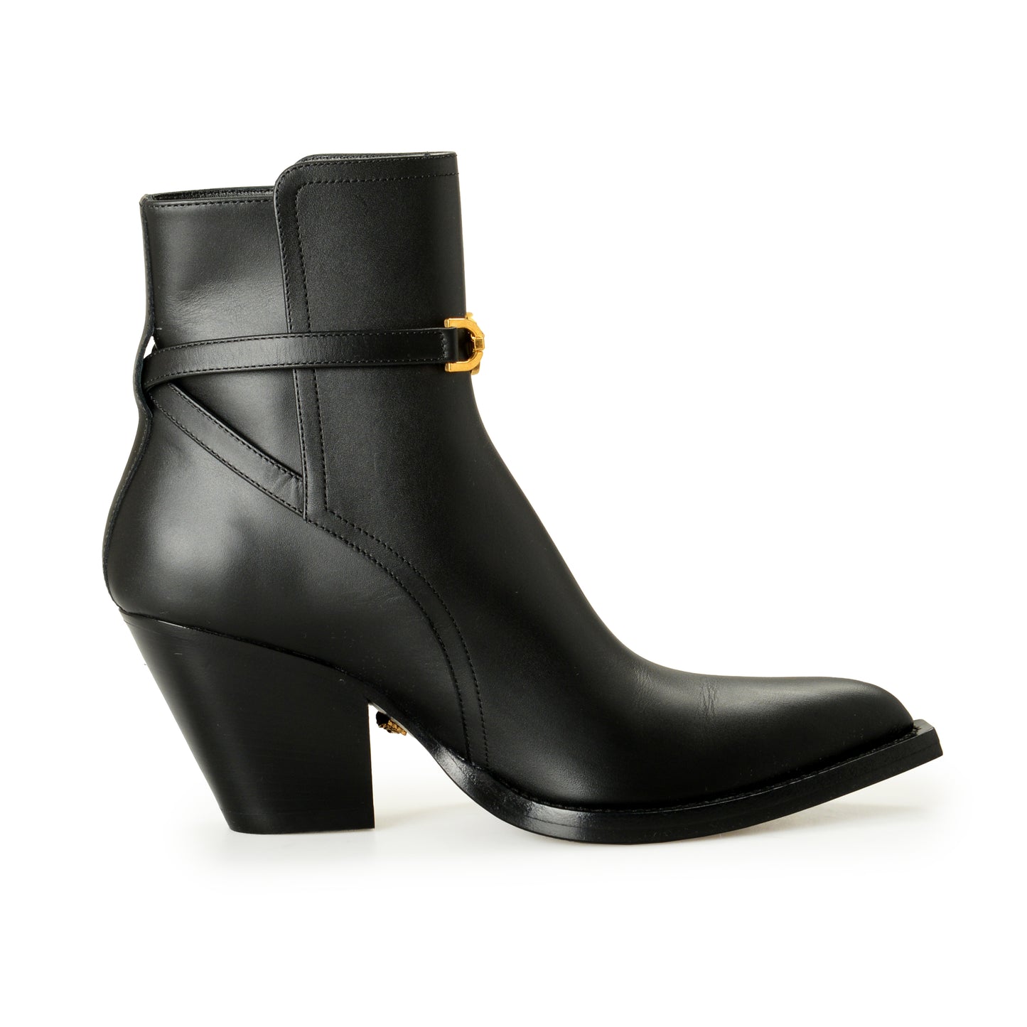 Versace Women's Black Leather Gold Medusa Heeled Booties Shoes US 10 IT 40