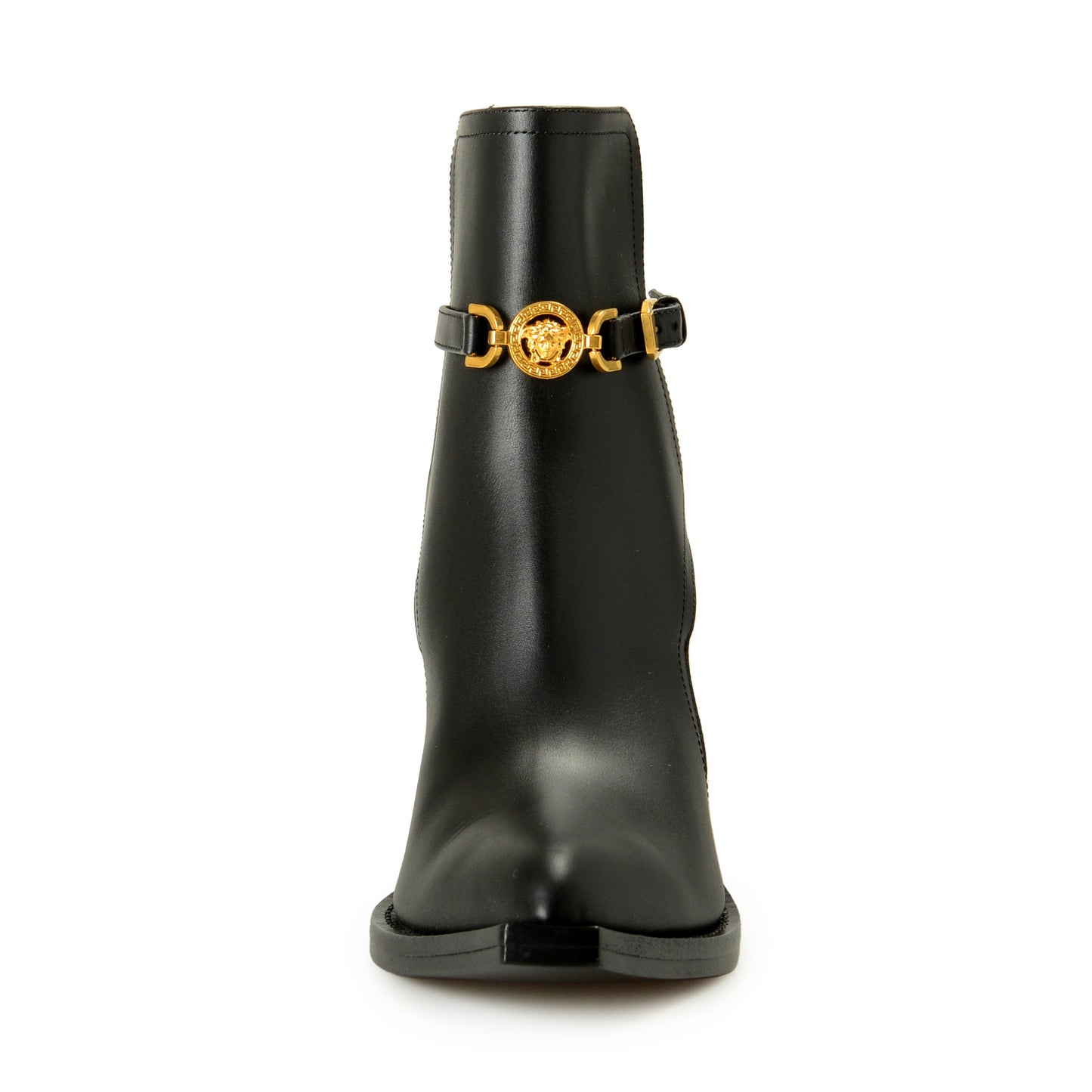 Versace Women's Black Leather Gold Medusa Heeled Booties Shoes US 10 IT 40