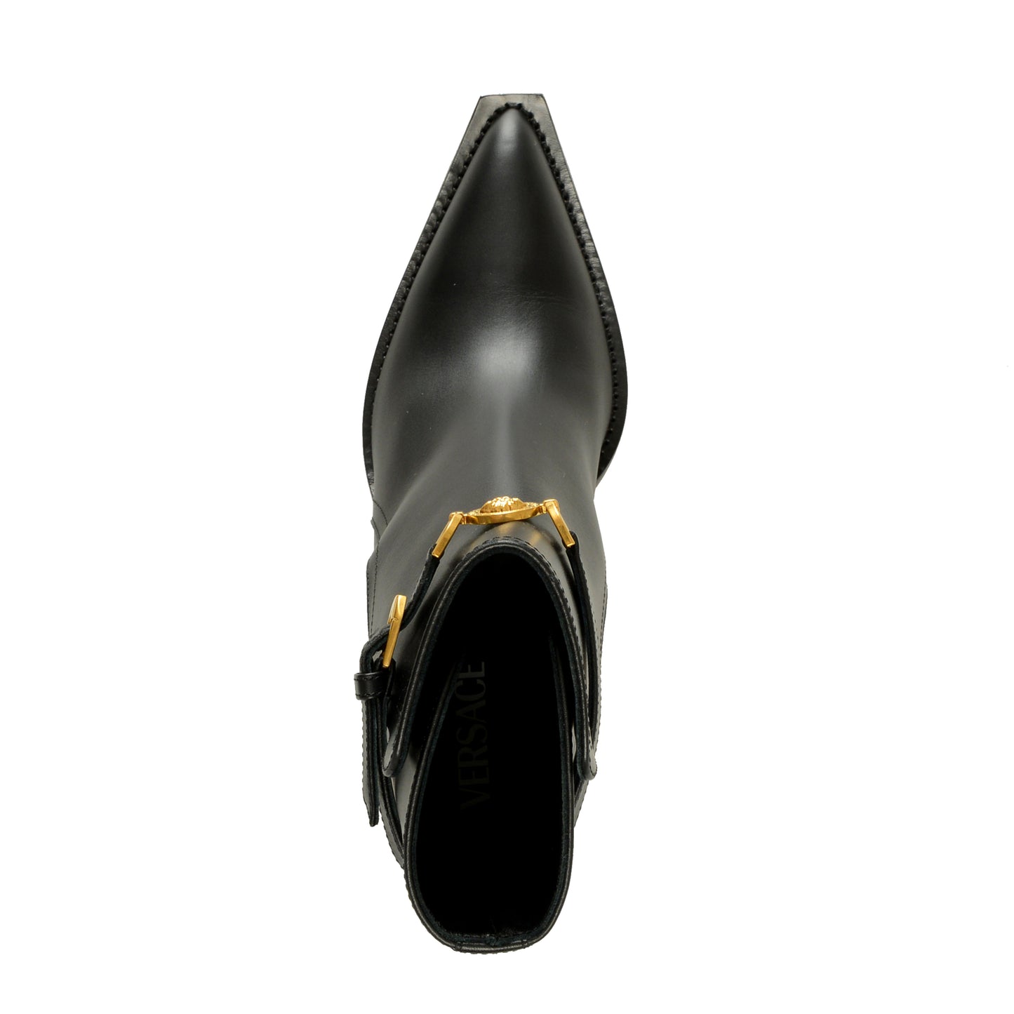 Versace Women's Black Leather Gold Medusa Heeled Booties Shoes US 10 IT 40