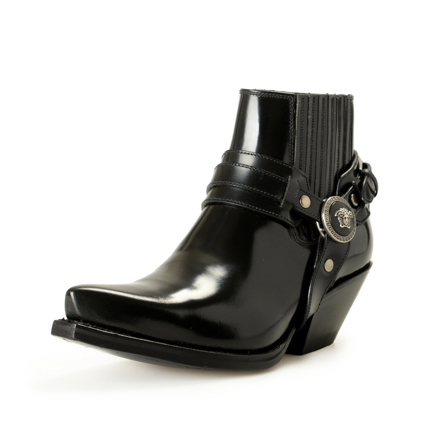 Versace Women's Black Leather Silver Medusa Heeled Booties Shoes US 6 IT 36