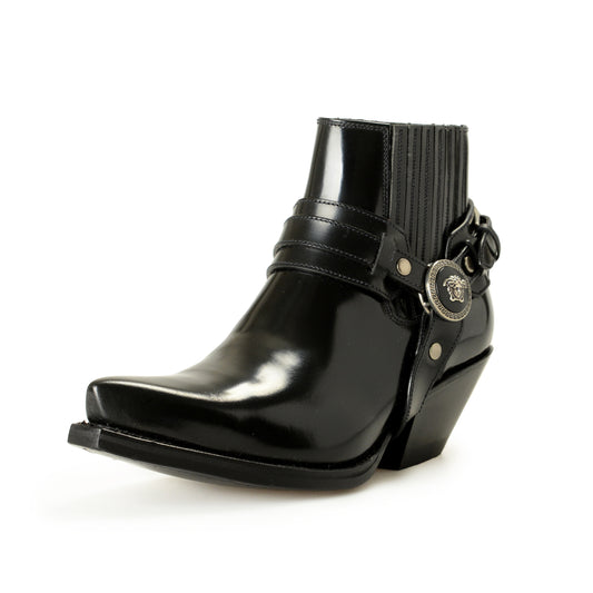 Versace Women's Black Leather Silver Medusa Heeled Booties Shoes US 6 IT 36