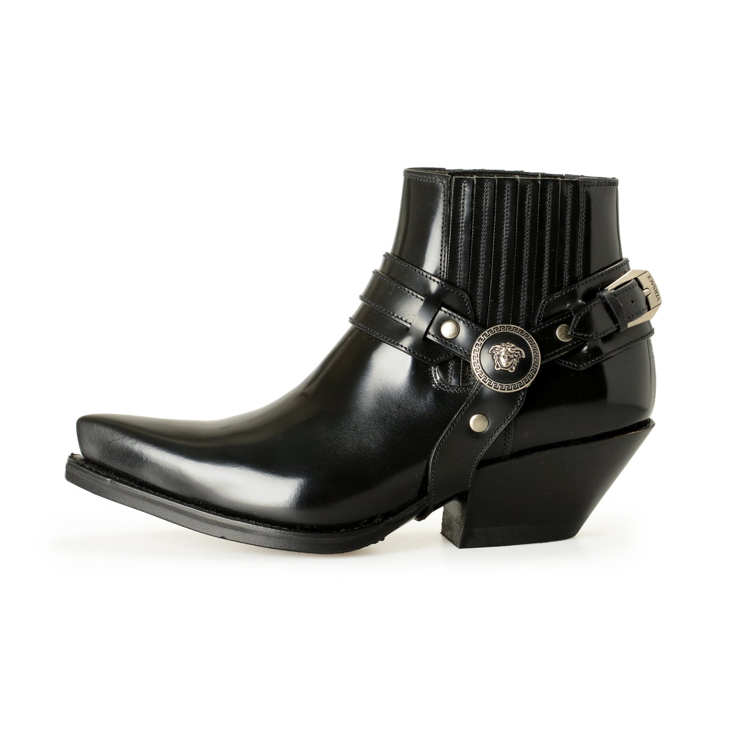 Versace Women's Black Leather Silver Medusa Heeled Booties Shoes US 6 IT 36
