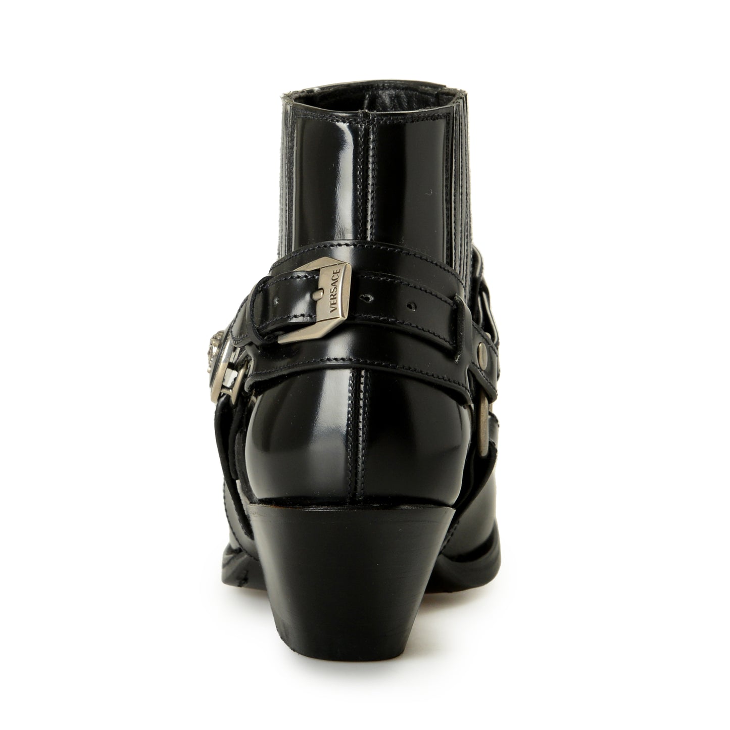 Versace Women's Black Leather Silver Medusa Heeled Booties Shoes US 6 IT 36