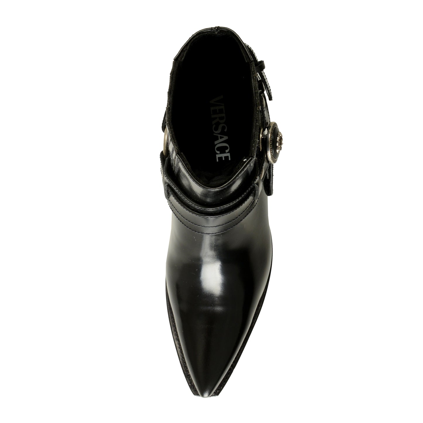 Versace Women's Black Leather Silver Medusa Heeled Booties Shoes US 6 IT 36