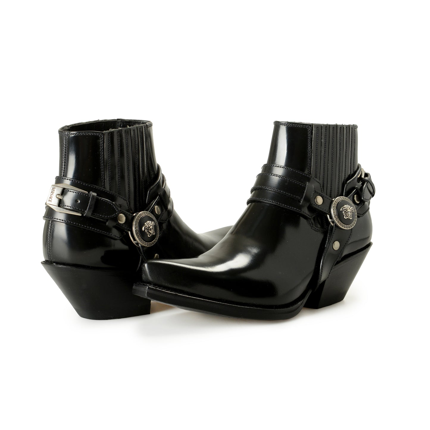 Versace Women's Black Leather Silver Medusa Heeled Booties Shoes US 6 IT 36