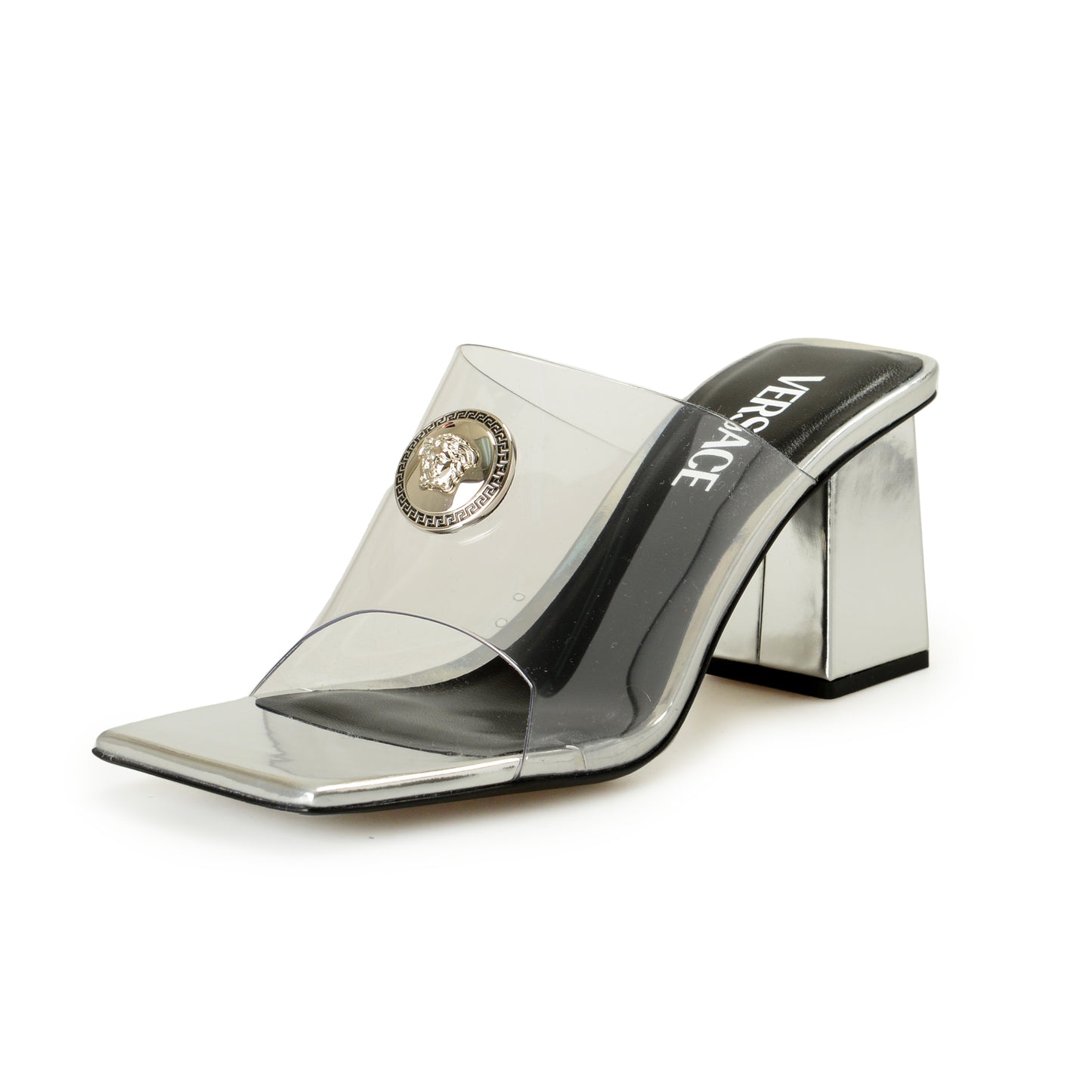 Versace Women's Silver Leather Transparent Heeled Sandals Mules Shoes US 6 IT 36