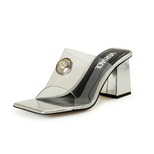 Versace Women's Silver Leather Transparent Heeled Sandals Mules Shoes US 6 IT 36