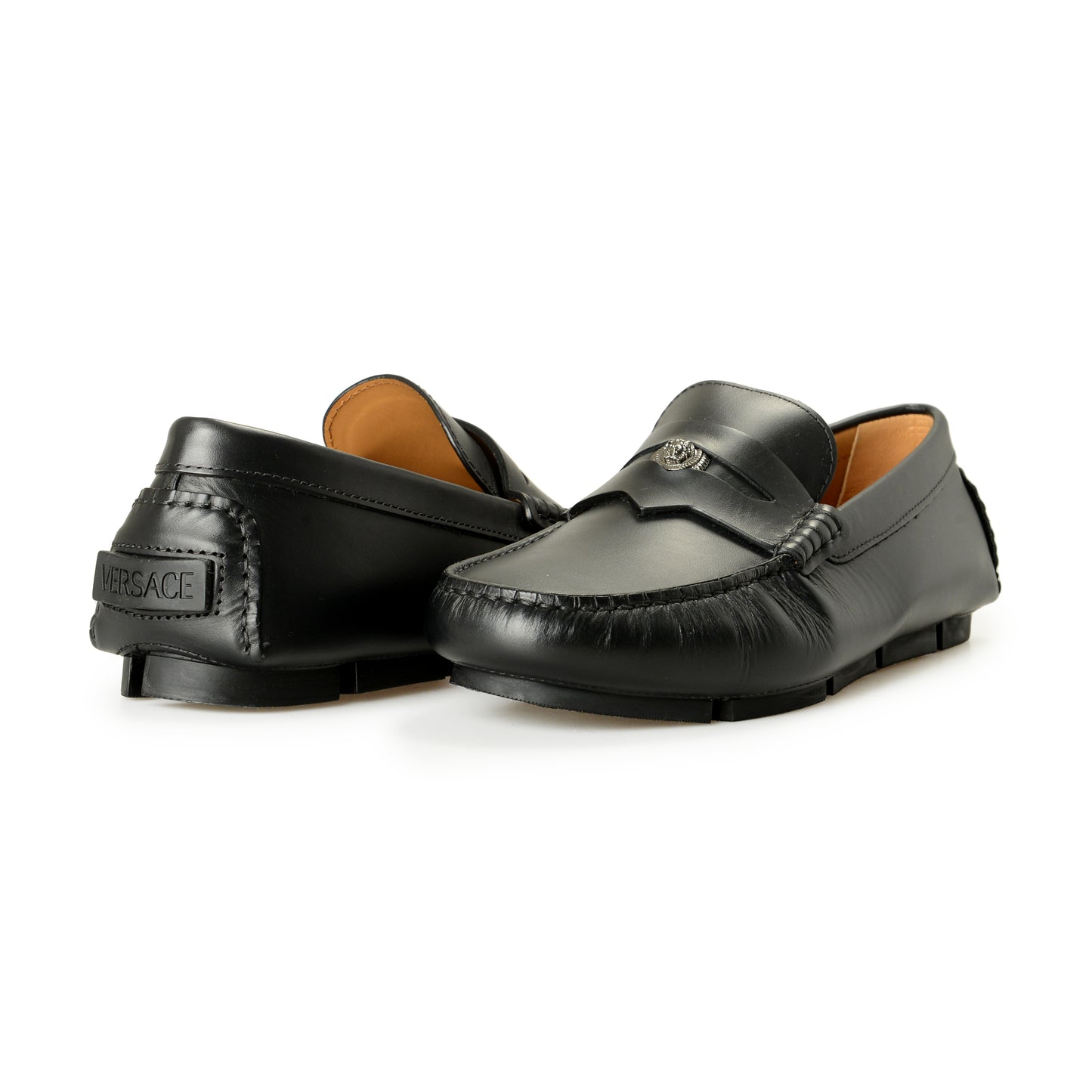 Versace Men's 100% Leather Silver Medusa Driver Loafers Shoes US 9 IT 42