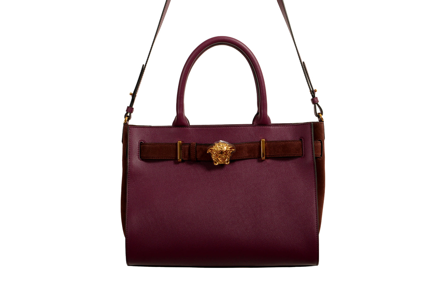 Versace Grained Leather & Suede Gold Medusa Large Tote Handbag Shoulder Bag